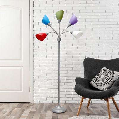 Image showing  5-Light Adjustable Gooseneck Floor Lamp, 67 in., White/Blue/Purple/Green/Red Shades, Silver
