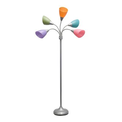 Simple Designs 10 In. 5 Light Adjustable Gooseneck Floor Lamp, Silver Base, Green, Lilac, Coral, Teal, Pink Shades