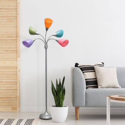 Simple Designs 10 in. 5 Light Adjustable Gooseneck Floor Lamp, Silver Base, Green, Lilac, Coral, Teal, Pink Shades