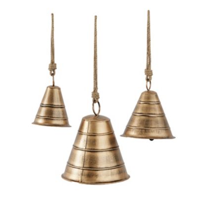 Image showing  Metal Bohemian Decorative Cow Bells, 10 in., 9 in., 8 in., Brass, 3 pc.