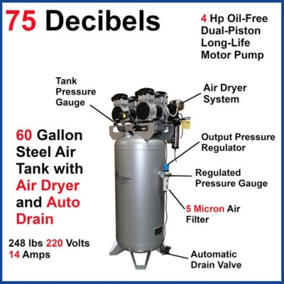 Image showing  4 HP 60 gal. Ultra Quiet and Oil-Free Tank Air Compressor with Air Dryer