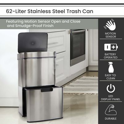 Image showing  16.4 gal. Stainless Steel Trash Can with Dual Bins and Sensor Lid