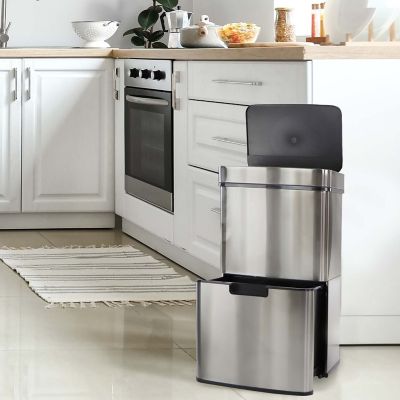 Image showing  16.4 gal. Stainless Steel Trash Can with Dual Bins and Sensor Lid