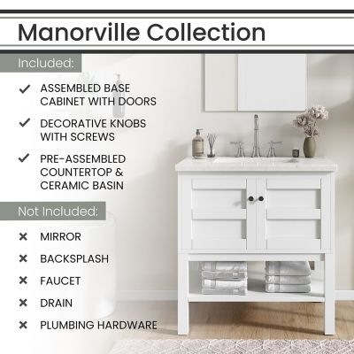 Image showing  Manorville 31 in. Bathroom Vanity Set, Includes Sink, Countertop, Cabinet, 2 Doors and Bottom Shelf, White