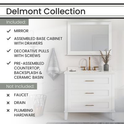 Image showing  Delmont 36 in. Bathroom Vanity Set, Includes Sink, Countertop, Plus Cabinet, 3 Drawers and Accent Mirror, White