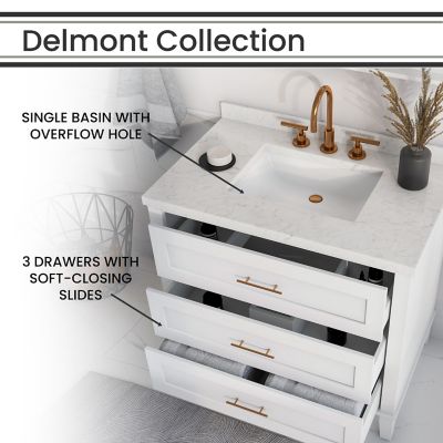 Image showing  Delmont 36 in. Bathroom Vanity Set, Includes Sink, Countertop, Plus Cabinet, 3 Drawers and Accent Mirror, White