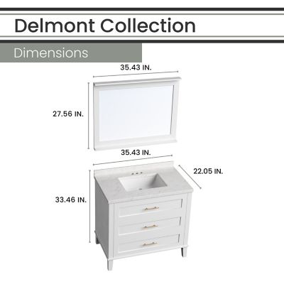 Image showing  Delmont 36 in. Bathroom Vanity Set, Includes Sink, Countertop, Plus Cabinet, 3 Drawers and Accent Mirror, White