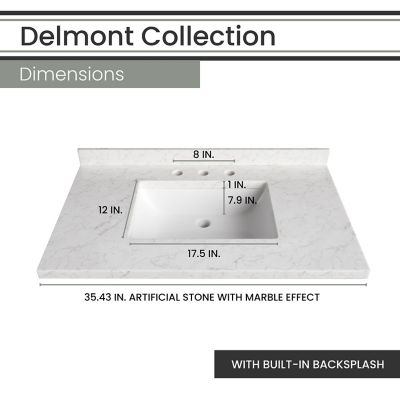 Image showing  Delmont 36 in. Bathroom Vanity Set, Includes Sink, Countertop, Plus Cabinet, 3 Drawers and Accent Mirror, White