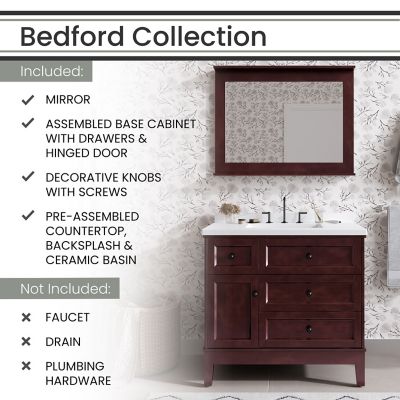 Image showing  Bedford 36 in. Bathroom Vanity Set, Includes Sink, Countertop, Cabinet, 1 Door, 3 Drawers and Accent Mirror