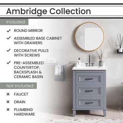 Image showing  Ambridge 24 in. Bathroom Vanity Set, Includes Sink, Countertop, Plus Cabinet, 2 Drawers and Round Accent Mirror, Gray