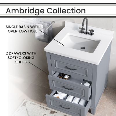 Image showing  Ambridge 24 in. Bathroom Vanity Set, Includes Sink, Countertop, Plus Cabinet, 2 Drawers and Round Accent Mirror, Gray