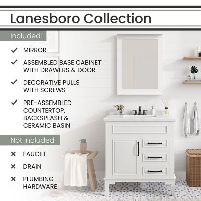 Image showing  Lanesboro 31 in. Bathroom Vanity Set, Includes Sink, Countertop, Cabinet, 1 Door, 3 Drawers and Accent Mirror, White