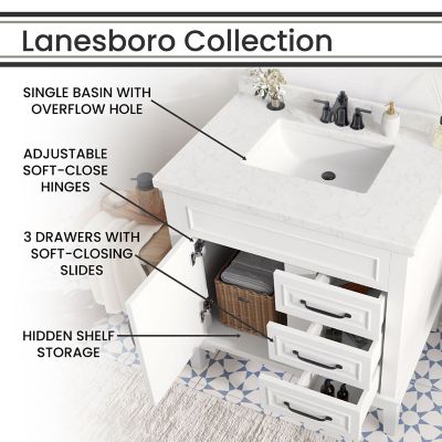 Image showing  Lanesboro 31 in. Bathroom Vanity Set, Includes Sink, Countertop, Cabinet, 1 Door, 3 Drawers and Accent Mirror, White