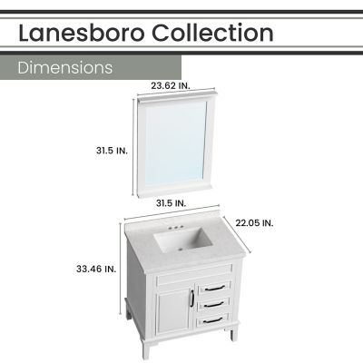Image showing  Lanesboro 31 in. Bathroom Vanity Set, Includes Sink, Countertop, Cabinet, 1 Door, 3 Drawers and Accent Mirror, White