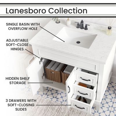 Image showing  Lanesboro 36 in. Bathroom Vanity Set, Includes Sink, Countertop, Cabinet, 2 Doors, 3 Drawers and Accent Mirror, White