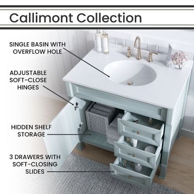 Image showing  Callimont 36 in. Bathroom Vanity Set, Includes Sink, Countertop, Cabinet, 1 Door, 3 Drawers and Accent Mirror, Blue
