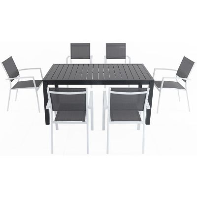 Hanover 7 pc. Naples Outdoor Dining Set, Includes 6 Gray/White Sling Chairs and 63 in. x 35 in. Dining Table