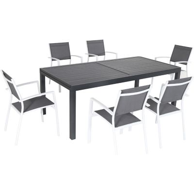 Hanover Naples 7-Piece Outdoor Dining Set with 6 Sling Chairs in Gray/White and Expandable Dining Table