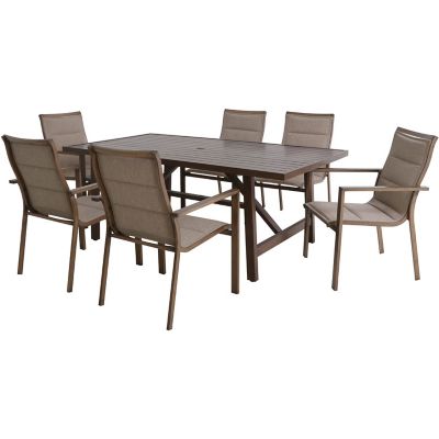 Hanover Fairhope 7-Piece Outdoor Dining Set with 6 Padded Contoured-Sling Chairs and a 74-In. x 40-In. Trestle Table, Tan