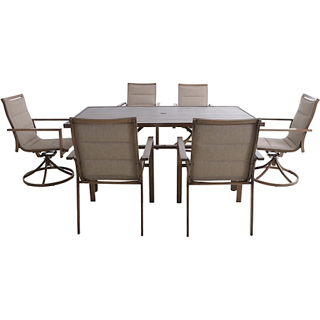 Hanover 7 pc. Fairhope Outdoor Dining Set, Includes 4 Sling Chairs, 2 Sling Swivel Rockers and 74 in. x 40 in. Table, Tan