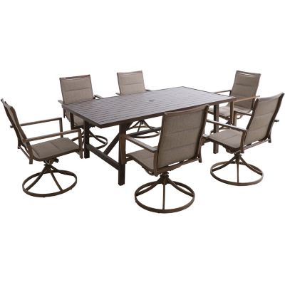 Hanover Fairhope 7-Piece Outdoor Dining Set with 6 Padded Contoured-Sling Swivel Rockers and a 74-In. x 40-In.