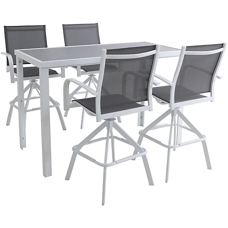 Hanover Naples 5 pc. Outdoor HiGH-Dining Set with 4 Swivel Bar Chairs and a Glass-Top Bar Table, White