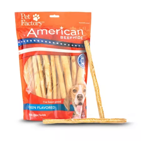 Pet Factory American Beefhide Thin Rolls Chicken Flavor Dog Chews 10 in 35 ct Dog Bones Rawhide & Rawhide Alternative