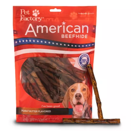 Pet Factory Peanut Butter Flavored American Beefhide Twisted Sticks for Dogs Chew Treats 5 in 1 lb. Dog Bones Rawhide & Rawhide Alternative