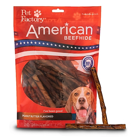 Pet Factory Peanut Butter Flavor American Beefhide Twist Sticks Dog Chew Treats, 5 in., 1 lb.