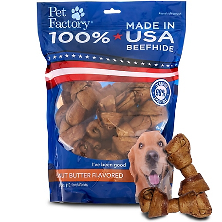 Pet Factory Peanut Butter Flavor Made in USA Beefhide Bones Dog Chew Treats, 4 in., 18 ct.