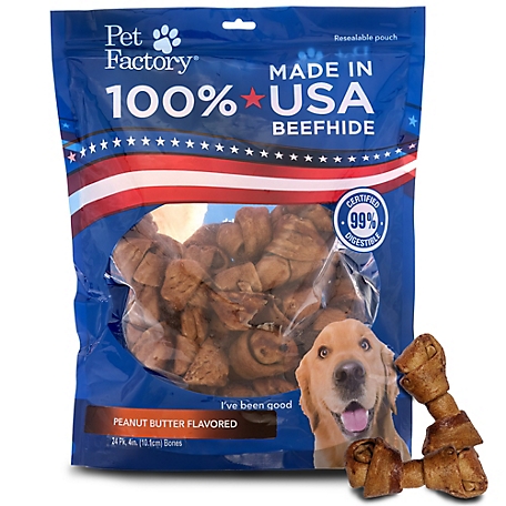 Pet Factory Peanut Butter Flavor Made in USA Beefhide Bones Dog Chew Treats, 4 in., 24 ct.