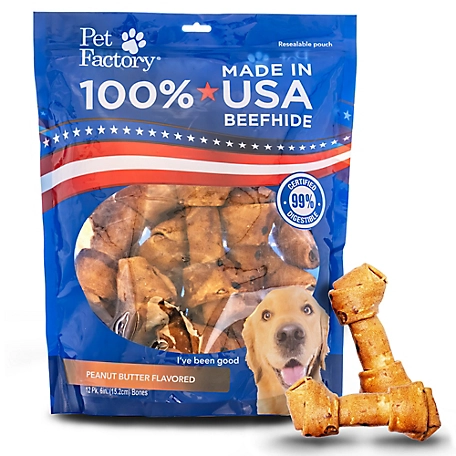 Pet Factory Made in USA Beefhide Bones Peanut Butter Flavor Dog Chew Treats, 6 in., 12 ct.