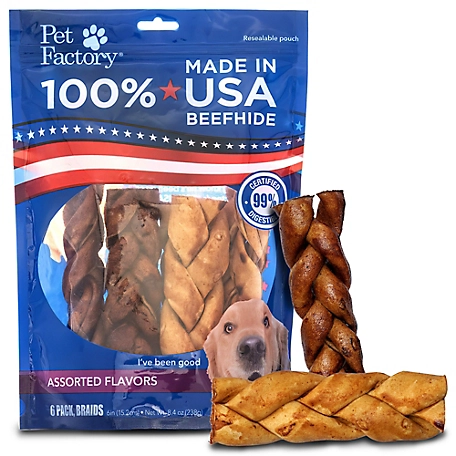 Pet Factory Beef and Chicken Flavor Made in USA Beefhide Braided Sticks Dog Chew Treats, 6 in., 6 ct.