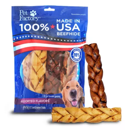 Pet Factory Beef & Chicken Flavor Made in USA Braided Beefhide Sticks Dog Chew Treats 7" 6 ct Dog Bones Rawhide & Rawhide Alternative