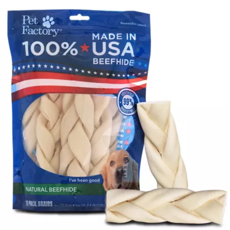 Pet Factory Natural Flavor Made in USA Braided Oxhide Sticks Dog Chew Treats 6 in 6 ct Dog Bones Rawhide & Rawhide Alternative