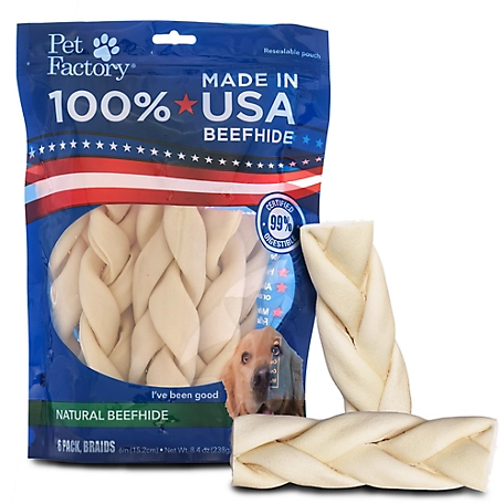 Pet Factory Natural Flavor Made in USA Beefhide Braided Sticks Dog Chew Treats, 6 in., 6 ct.