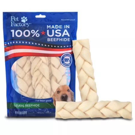 Pet Factory Braided Natural Flavored Beefhide Sticks for Dogs Chew Treats 7 in 6 ct Dog Bones Rawhide & Rawhide Alternative