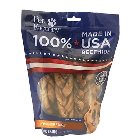 Pet Factory Beefhide Braided Sticks Peanut Butter Flavor Dog Chews, 7 in., Made in USA, 6 ct.