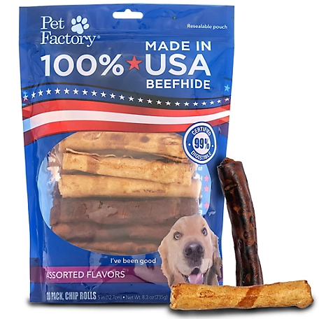 Pet Factory Beef and Chicken Assorted Flavors Made in USA Beefhide Chip Rolls Dog Chew Treats, 5 in., 20 ct.