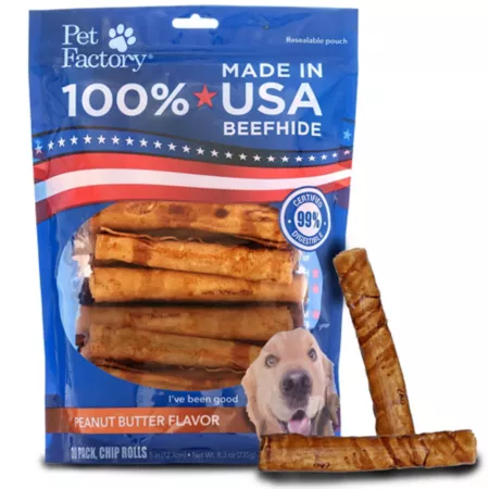 Pet Factory Peanut Butter Flavor Made in USA Beef Skin Chip Rolls Chews for Dogs 5 in 20 ct Dog Bones Rawhide & Rawhide Alternative