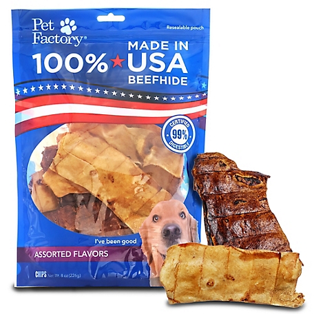 Pet Factory Beef and Chicken Assorted Flavor Made in USA Beefhide Chips Dog Chew Treats, 8 oz.