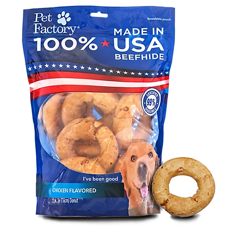 Pet Factory Chicken Flavor Made in USA Beefhide Donuts Dog Chew Treats, 3 in., 12 ct.