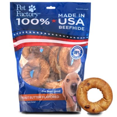 Pet Factory Peanut Butter Flavor Made in USA Beefhide Donut Dog Chew Treats, 3 in., 12 ct.