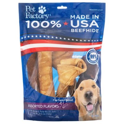 Pet Factory Made in USA Beefhide Large Assorted Pet Chews, 3 Bones and 3 Rolls, Assorted Flavors (Beef/Chicken), 8-9 in., 6 ct.