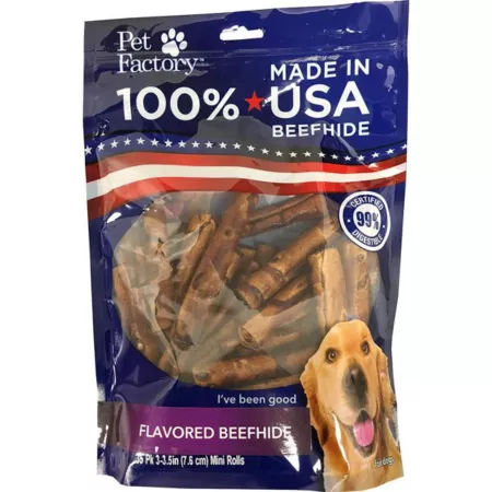 Pet Factory Beef Flavor Made in USA Mini Rolls of Beefhide Dog Chew Treats 3-3.5 in 35 ct Dog Bones Rawhide & Rawhide Alternative