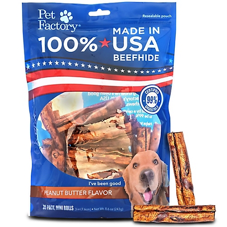 Pet Factory Peanut Butter Flavor Made in USA Beefhide Mini Rolls Dog Chew Treats, 3-3.5 in., 35 ct.