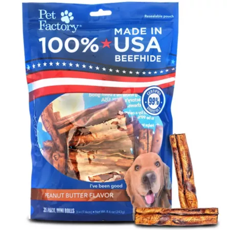 Pet Factory Peanut Butter Flavor Made in USA Mini Rolls of Oxhide Dog Chew Treats 3-3.5 in 35 ct Dog Bones Rawhide & Rawhide Alternative