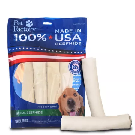 Pet Factory Natural Flavor Made in USA Beef Hide Rolls Dog Chew Treats 8 in 10 ct Dog Bones Rawhide & Rawhide Alternative