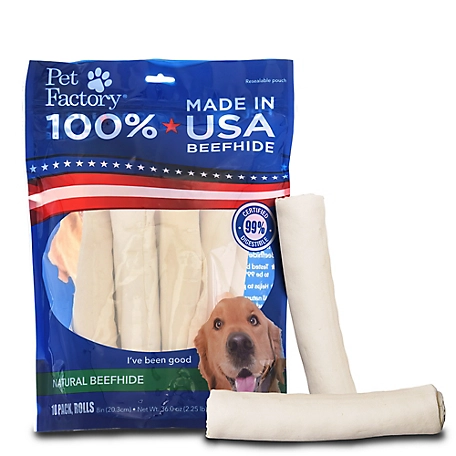Pet Factory Natural Flavor Made in USA Beefhide Rolls Dog Chew Treats, 8 in., 10 ct.