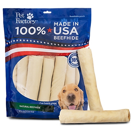 Pet Factory Natural Flavor Made in USA Beefhide Rolls Dog Chew Treats, 8 in,. 15 ct.